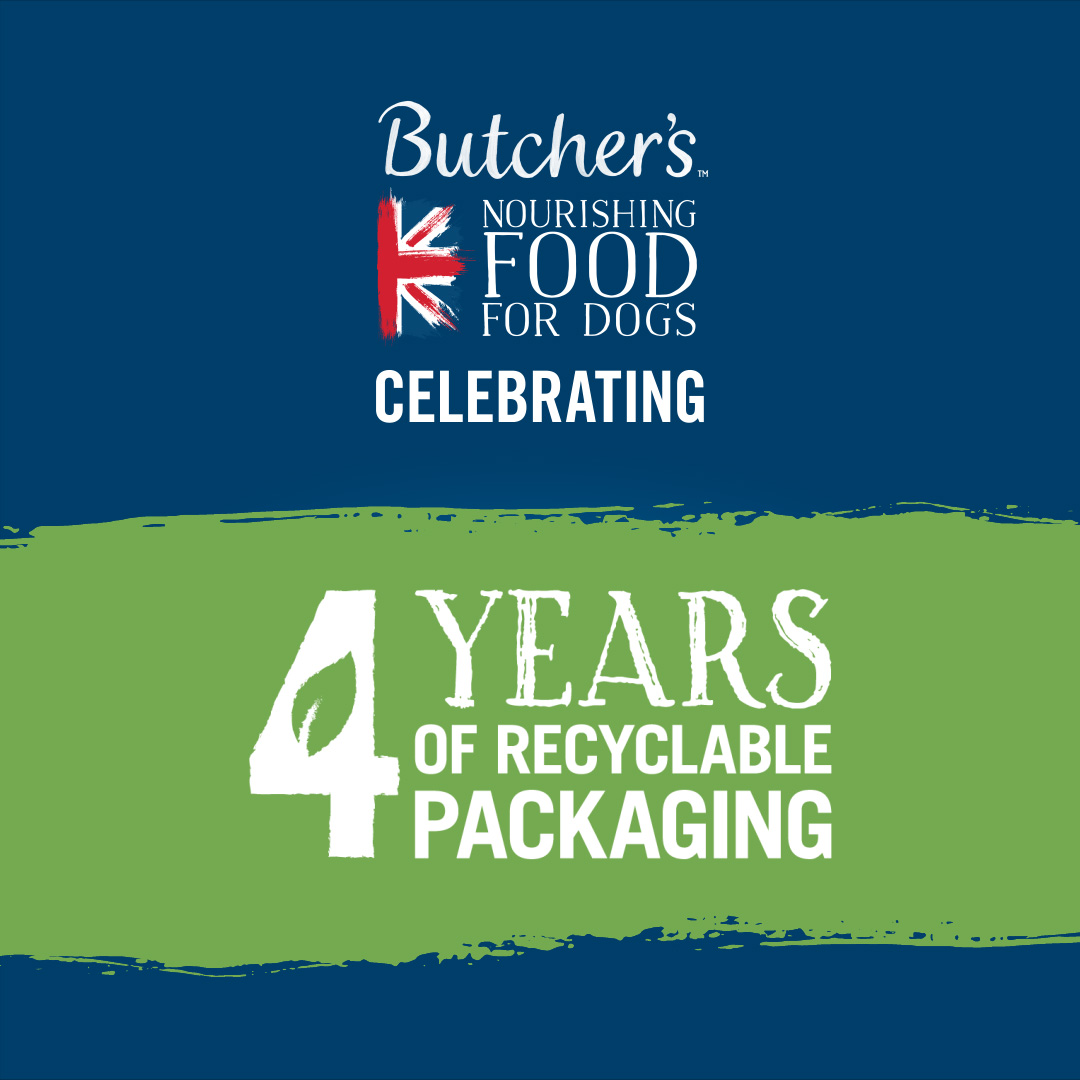 butcher's dog food celebrating 4 years of recyclable packaging