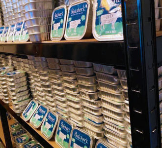 shelfs full of butchers dog food products