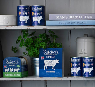 butcher's dog food product on a kitchen shelf